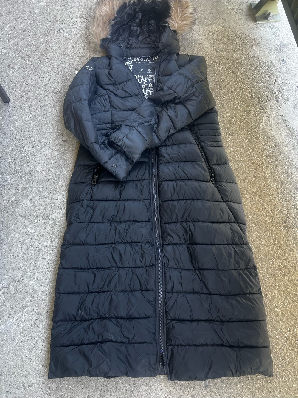 Nautica Long Black Quilted Hooded Puffer Coat with Faux Fur Trim